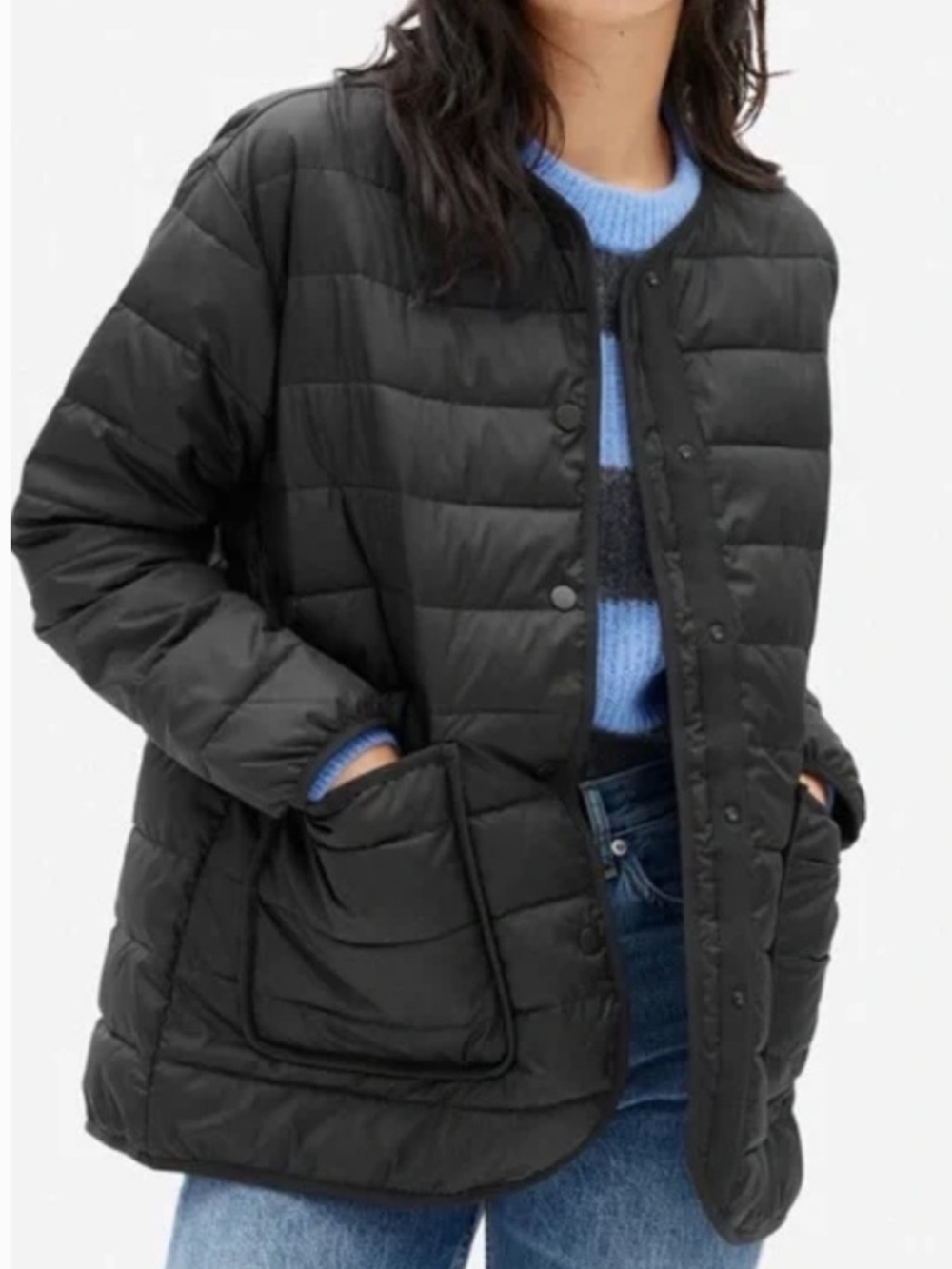 Everlane Black Quilted Collarless Puffer Jacket